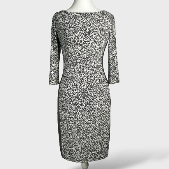 LRL Ralph Lauren Sheath Dress Size 2P Charcoal White Ruched Lined Jersey Stretch - Picture 2 of 16